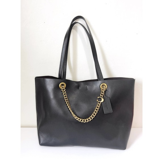 COACH Signature Chain Central Leather Tote Bag in Black - Picture 4 of 12